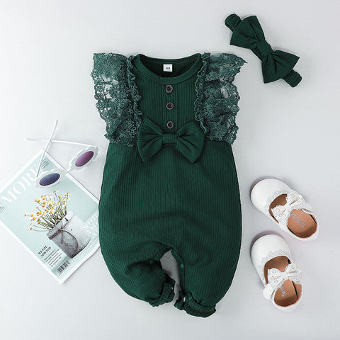 Green lace romper and headband, BG